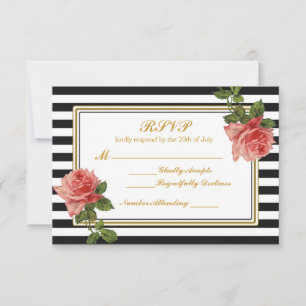 Black & White Stripes Vintage Pink Rose RSVP