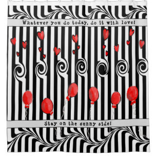 Black & White Stripes w/Hearts, Balloons, & Quotes Shower Curtain
