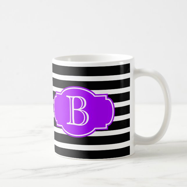 Black & White Stripes w/ Purple, add your initial Coffee Mug (Right)