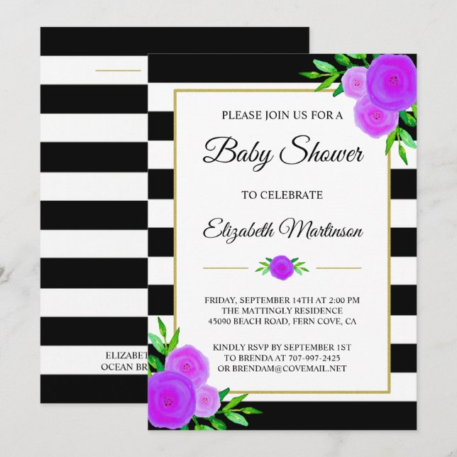 Black White Stripes Watercolor Floral Baby Shower Invitation (Front/Back)