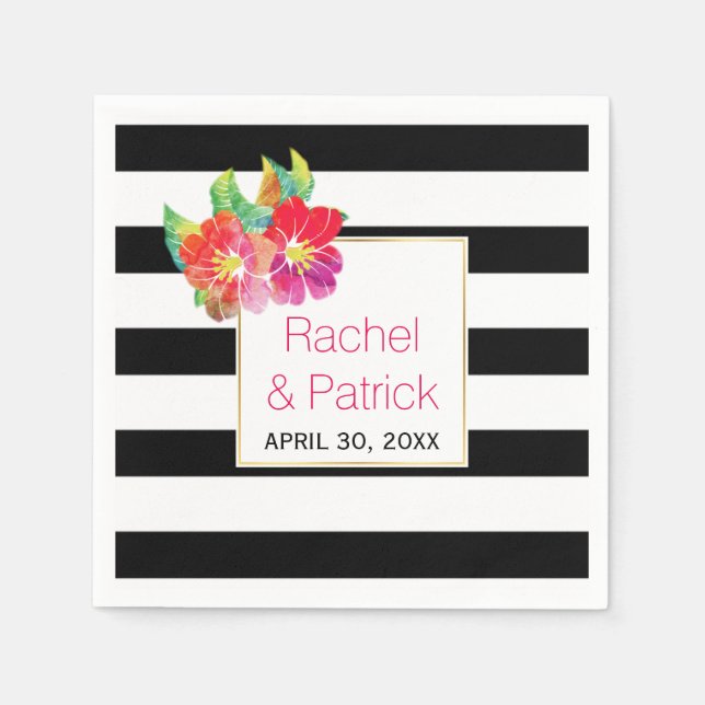 Black, white stripes, watercolor flowers wedding napkin (Front)