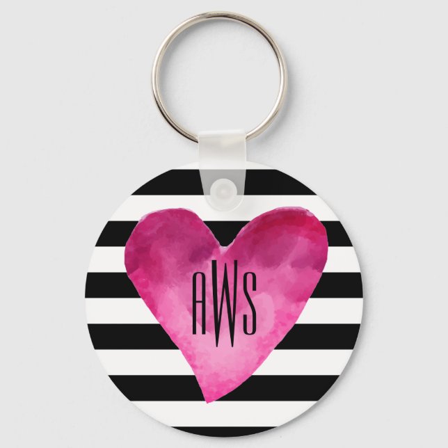 Black + White Stripes Watercolor Heart Monogram Key Ring (Front)