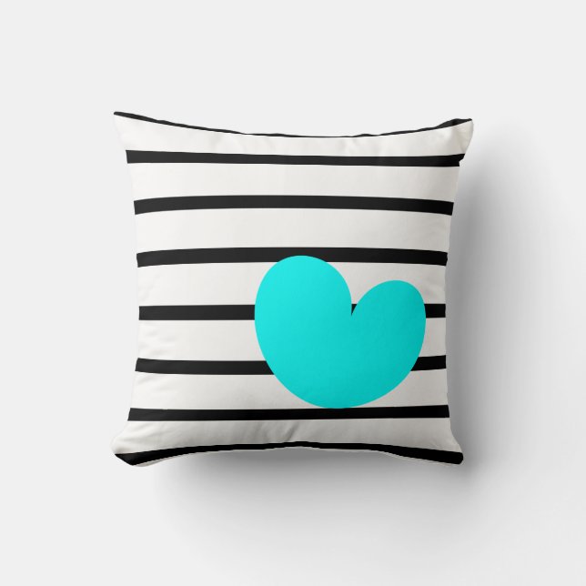 Black & White Stripes with Aqua Heart Cushion (Front)