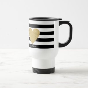 Black & White Stripes with Gold Foil Heart Travel Mug