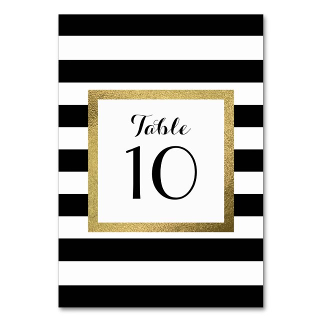 Black & White Stripes with Gold Foil Wedding Table Table Number (Front)