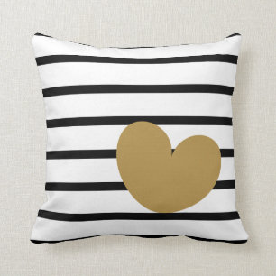 Black & White Stripes with Gold Heart Cushion