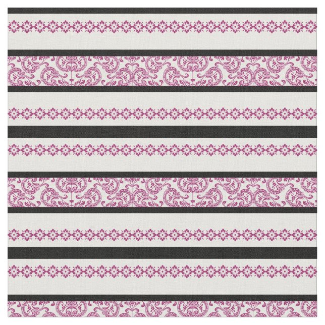 Black & White Stripes with Magenta Floral Pattern Fabric (Close Up)