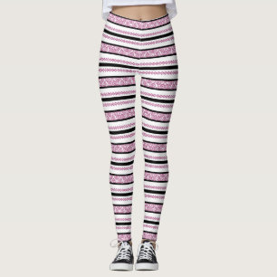 Black & White Stripes with Magenta Floral Pattern Leggings