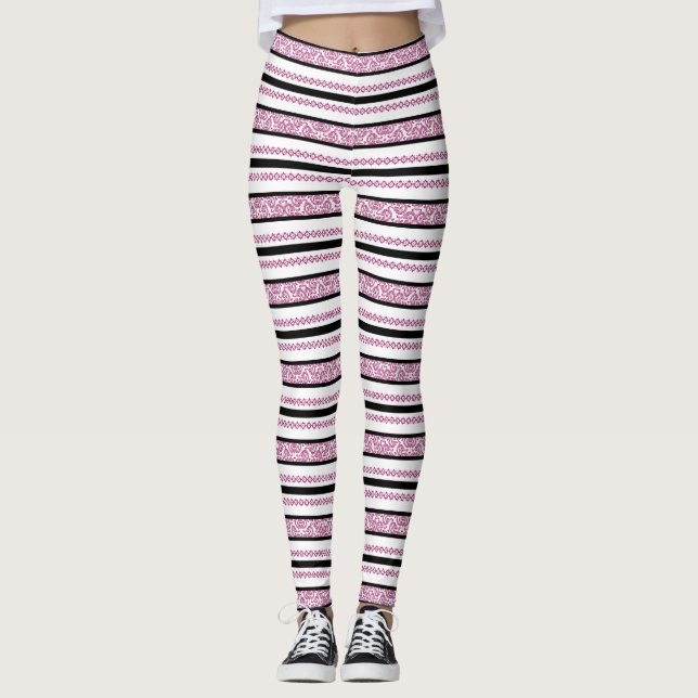 Black & White Stripes with Magenta Floral Pattern Leggings (Front)