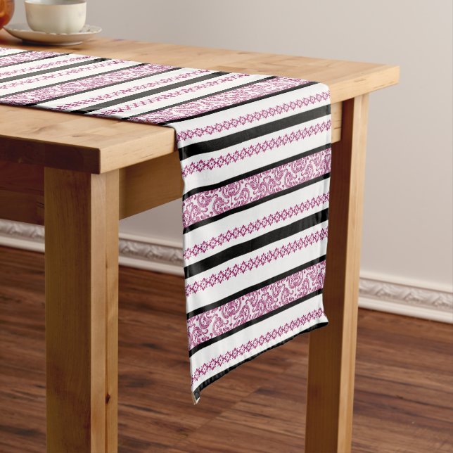 Black & White Stripes with Magenta Floral Pattern Medium Table Runner (In Situ)