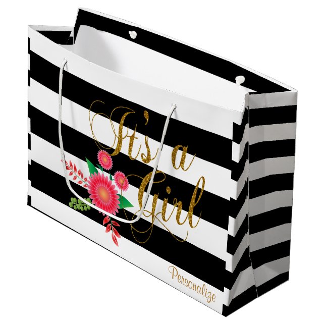 Black & White Stripes With Pink Flowers Baby Girl Large Gift Bag (Front Angled)