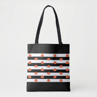 Black & White Stripes with Pumpkins - Halloween Tote Bag