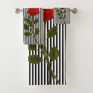 BLACK & WHITE STRIPES WITH RED ROSES BATH TOWEL SET
