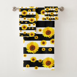 Black White Stripes With Sunflower Flower Bath Towel Set