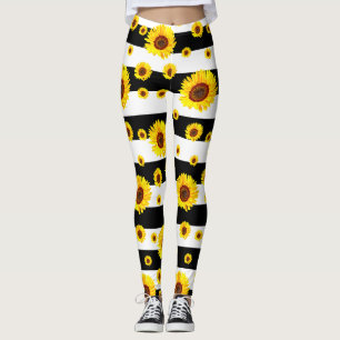 Black White Stripes With Sunflower Flower Leggings