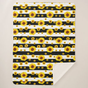 Black White Stripes With Sunflower Flower Sherpa Blanket