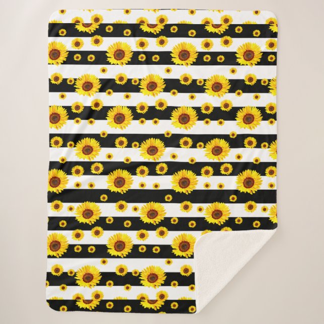 Black White Stripes With Sunflower Flower Sherpa Blanket (Front)