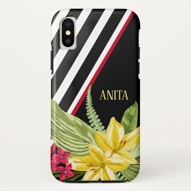 Black White Stripes Yellow Flowers Case-Mate iPhone Case (Back)