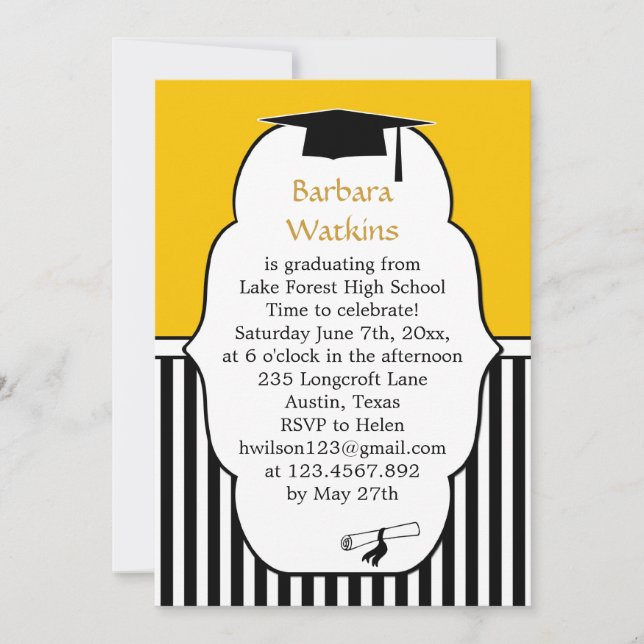 Black white stripes, yellow, mortar Graduation Invitation (Front)