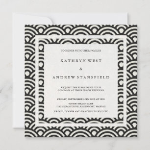 Black + White Stylised Waves Elegant Beach Wedding Invitation