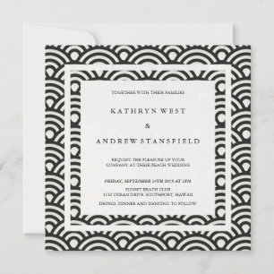 Black + White Stylised Waves Elegant Beach Wedding Invitation