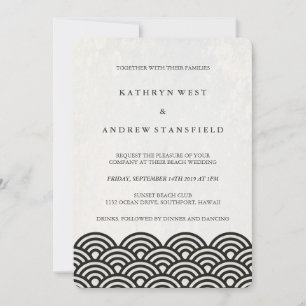 Black + White Stylised Waves Elegant Beach Wedding Invitation