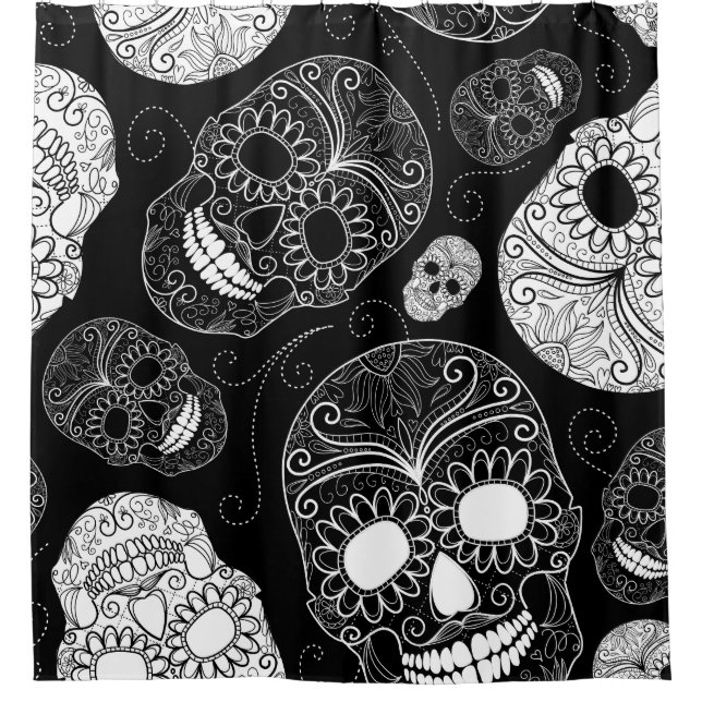 Black & White Sugar Skull Heads Shower Curtain (Front)