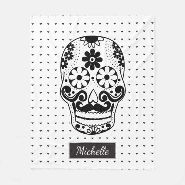 Black & White Sugar Skull Micro Heart Personalised Fleece Blanket (Front)