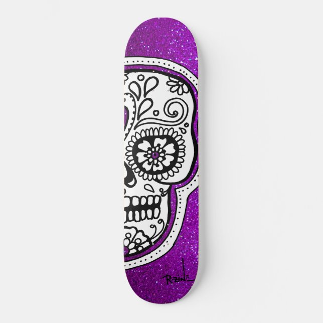 Black White Sugar Skull Purple Glitter Sparkles Skateboard (Front)