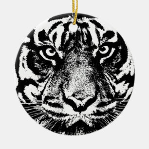 Black White Sumatran Borneo Tiger Eye Artwork Ceramic Tree Decoration