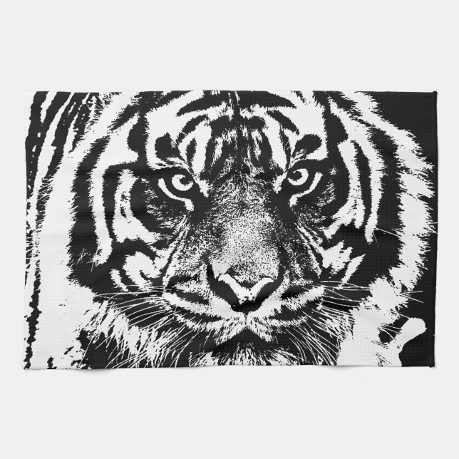 Black White Sumatran Borneo Tiger Eye Artwork Tea Towel (Horizontal)