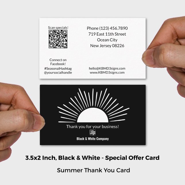 Black & White Summer Sun Season Thank You Business Card (3.5x2 Inch, Black & White Summer Sun Season Thank You Business Card)