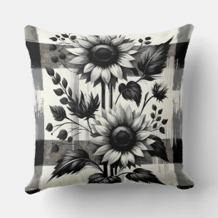 Black & White Sunflower Plaid Throw Pillow