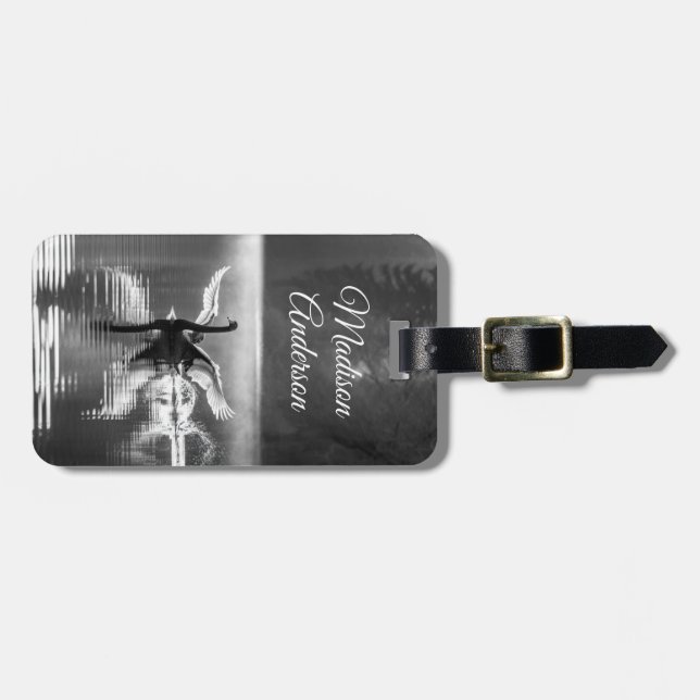 Black & White Swan Reflection Personalised Luggage Tag (Front Horizontal)