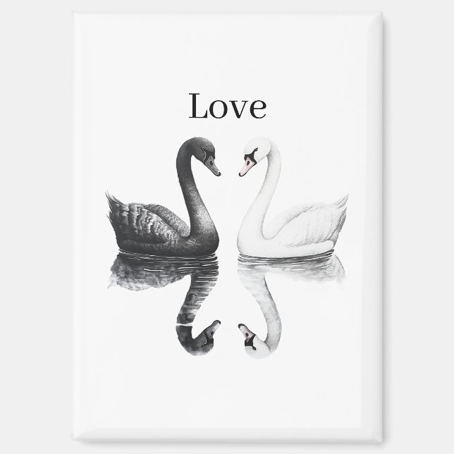 Black White Swans Birds Reflection Love Magnet (Front)