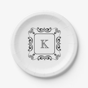 Black White Swirl Flourish Initial Monogram Paper Plate