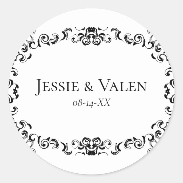 Black & White Swirl Gothic Wedding Classic Round Sticker (Front)