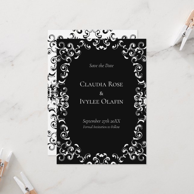 Black & White Swirl Gothic Wedding Invitation (Front/Back In Situ)