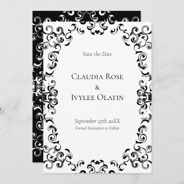 Black & White Swirl Gothic Wedding Invitation (Front/Back)