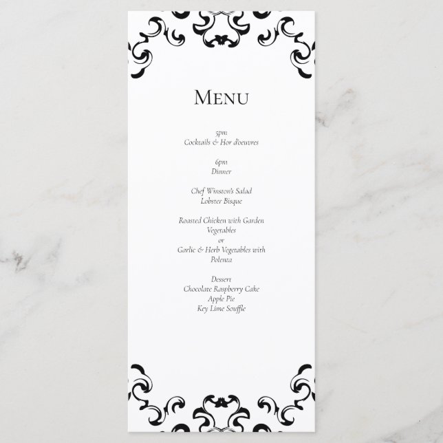 Black & White Swirl Gothic Wedding Menu (Front)