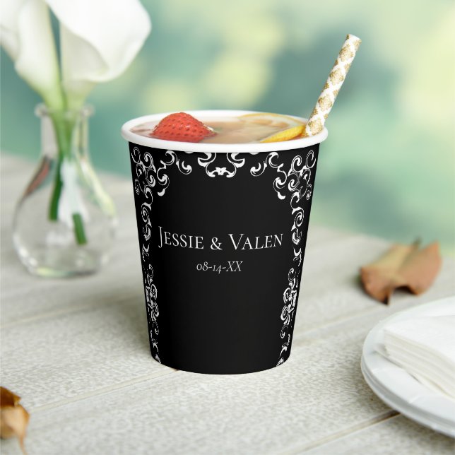 Black White Swirl Gothic Wedding Paper Cups (Insitu)