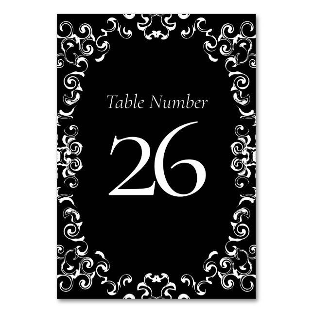 Black & White Swirl Gothic Wedding Table Number (Back)
