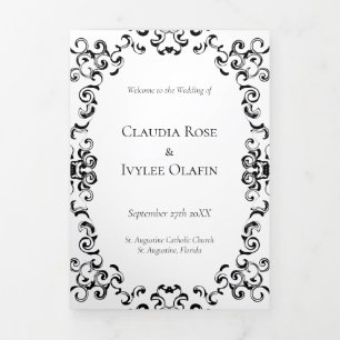 Black & White Swirl Gothic Wedding Tri-Fold Programme