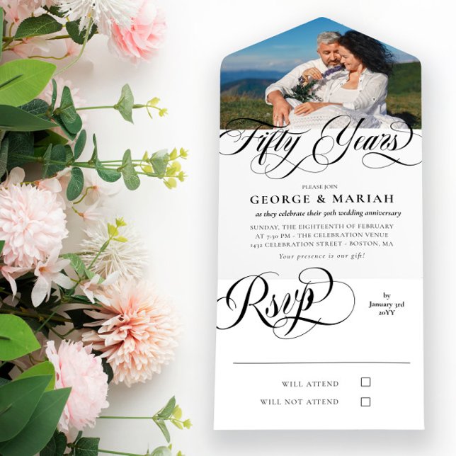 Black White Swirls Photo 50th Wedding Anniversary All In One Invitation (Creator Uploaded)