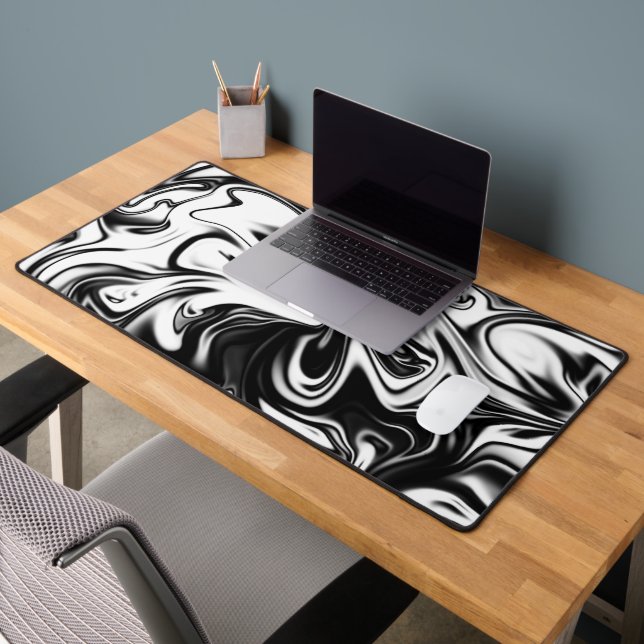 Black White Swirly Marble, Desk Mat (Office 2)