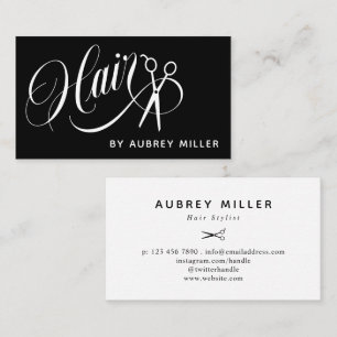 Black White Swirly Script Scissors Hair Stylist Business Card