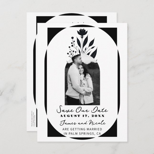 Black & White Tall Floral Modern Save the Date Announcement Postcard (Front/Back)