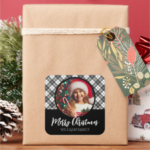 Black white tartan Christmas Custom photo name Square Sticker