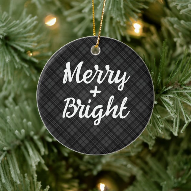Black white tartan Christmas Merry and bright Ceramic Tree Decoration (Tree)