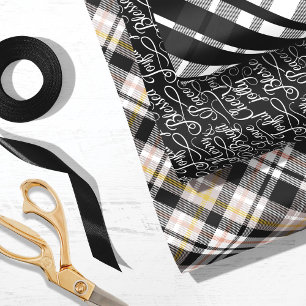 Black & White Tartan Plaid Christmas Typography Wrapping Paper Sheet